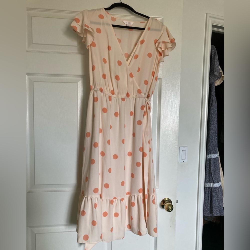 LC Lauren Conrad Cream and Orange Polka Dot Midi Dress